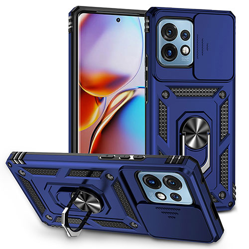 Silicone Matte Finish and Plastic Back Cover Case with Magnetic Finger Ring Stand MQ6 for Motorola Moto Edge 40 Pro 5G Blue