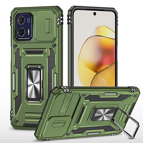 Silicone Matte Finish and Plastic Back Cover Case with Magnetic Finger Ring Stand MQ6 for Motorola Moto G73 5G Green