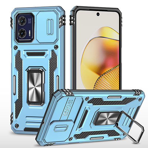 Silicone Matte Finish and Plastic Back Cover Case with Magnetic Finger Ring Stand MQ6 for Motorola Moto G73 5G Mint Blue