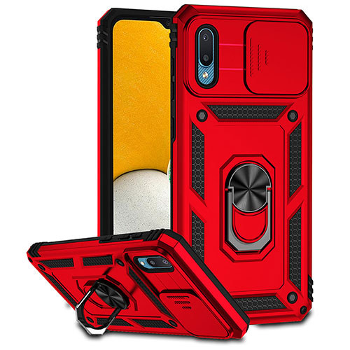 Silicone Matte Finish and Plastic Back Cover Case with Magnetic Finger Ring Stand MQ6 for Samsung Galaxy A02 Red