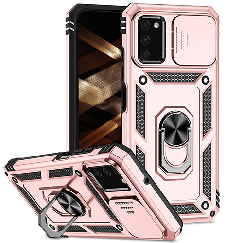 Silicone Matte Finish and Plastic Back Cover Case with Magnetic Finger Ring Stand MQ6 for Samsung Galaxy A02s Rose Gold