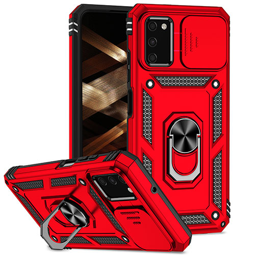 Silicone Matte Finish and Plastic Back Cover Case with Magnetic Finger Ring Stand MQ6 for Samsung Galaxy A03s Red