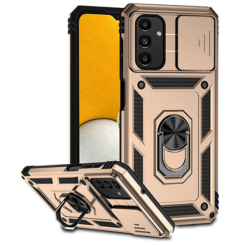 Silicone Matte Finish and Plastic Back Cover Case with Magnetic Finger Ring Stand MQ6 for Samsung Galaxy A04s Gold