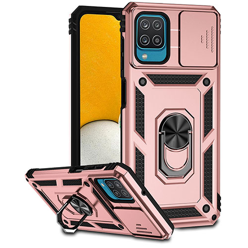 Silicone Matte Finish and Plastic Back Cover Case with Magnetic Finger Ring Stand MQ6 for Samsung Galaxy A12 Nacho Rose Gold