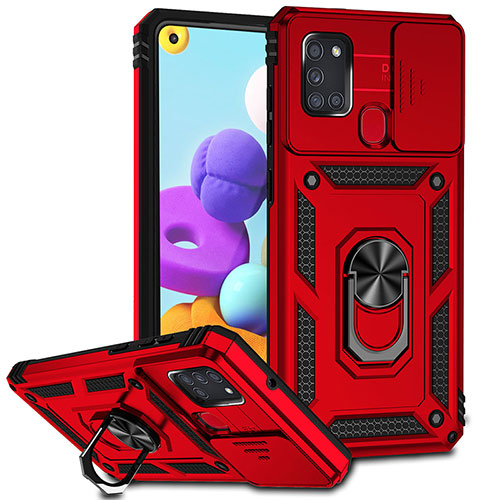 Silicone Matte Finish and Plastic Back Cover Case with Magnetic Finger Ring Stand MQ6 for Samsung Galaxy A21s Red