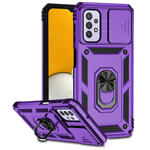 Silicone Matte Finish and Plastic Back Cover Case with Magnetic Finger Ring Stand MQ6 for Samsung Galaxy A23 4G Purple
