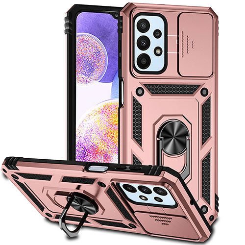 Silicone Matte Finish and Plastic Back Cover Case with Magnetic Finger Ring Stand MQ6 for Samsung Galaxy A23 5G Rose Gold