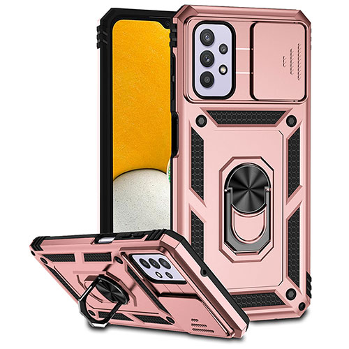 Silicone Matte Finish and Plastic Back Cover Case with Magnetic Finger Ring Stand MQ6 for Samsung Galaxy A32 5G Rose Gold