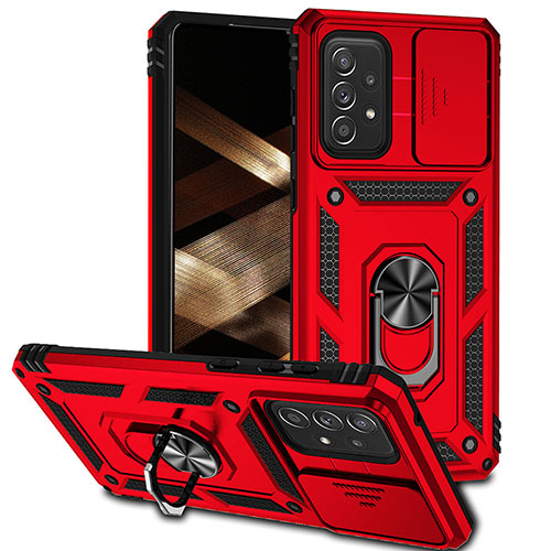 Silicone Matte Finish and Plastic Back Cover Case with Magnetic Finger Ring Stand MQ6 for Samsung Galaxy A73 5G Red