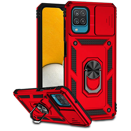 Silicone Matte Finish and Plastic Back Cover Case with Magnetic Finger Ring Stand MQ6 for Samsung Galaxy F12 Red