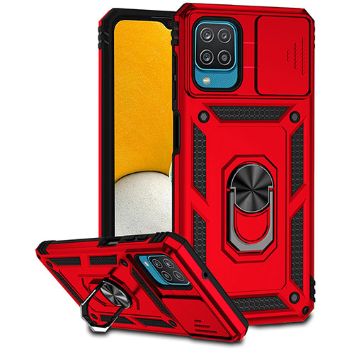 Silicone Matte Finish and Plastic Back Cover Case with Magnetic Finger Ring Stand MQ6 for Samsung Galaxy M12 Red