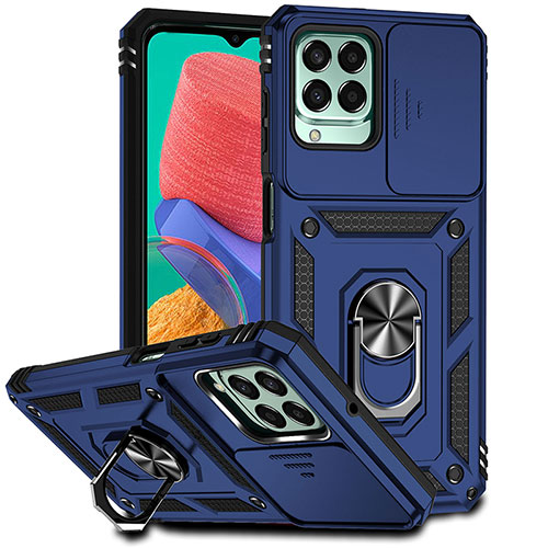 Silicone Matte Finish and Plastic Back Cover Case with Magnetic Finger Ring Stand MQ6 for Samsung Galaxy M33 5G Blue