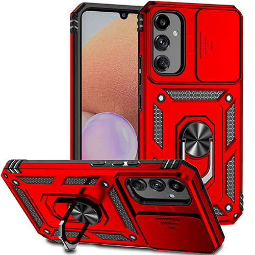 Silicone Matte Finish and Plastic Back Cover Case with Magnetic Finger Ring Stand MQ6 for Samsung Galaxy M44 5G Red