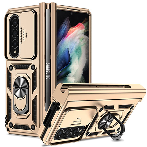 Silicone Matte Finish and Plastic Back Cover Case with Magnetic Finger Ring Stand MQ6 for Samsung Galaxy Z Fold3 5G Gold