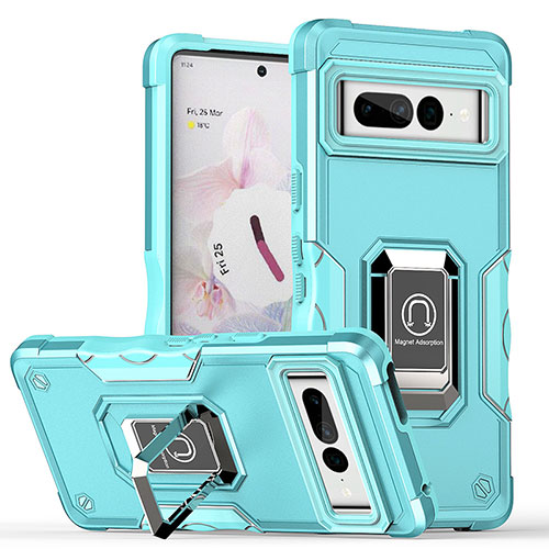 Silicone Matte Finish and Plastic Back Cover Case with Magnetic Finger Ring Stand QW1 for Google Pixel 7 Pro 5G Mint Blue