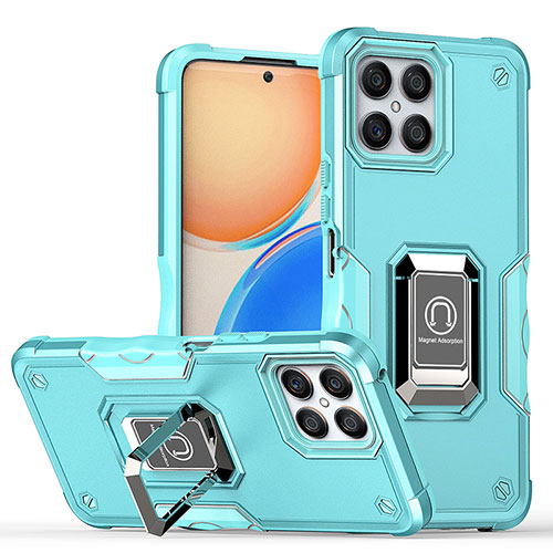 Silicone Matte Finish and Plastic Back Cover Case with Magnetic Finger Ring Stand QW1 for Huawei Honor X8 4G Mint Blue