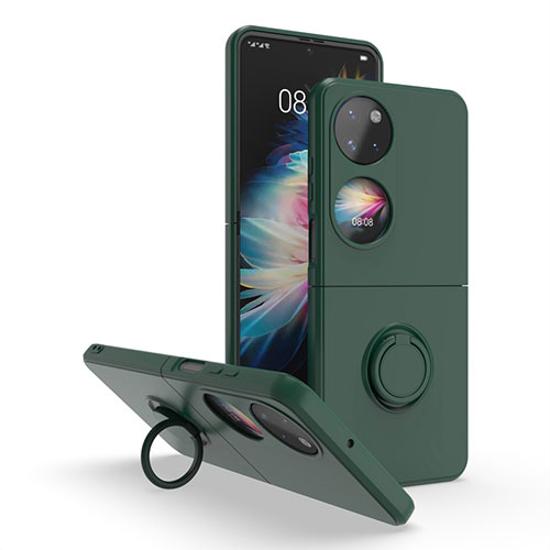 Silicone Matte Finish and Plastic Back Cover Case with Magnetic Finger Ring Stand QW1 for Huawei P50 Pocket Midnight Green