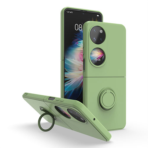 Silicone Matte Finish and Plastic Back Cover Case with Magnetic Finger Ring Stand QW1 for Huawei P60 Pocket Army green