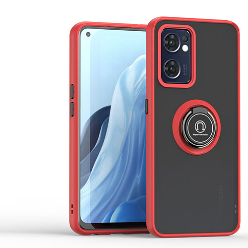 Silicone Matte Finish and Plastic Back Cover Case with Magnetic Finger Ring Stand QW1 for Oppo Reno7 5G Red