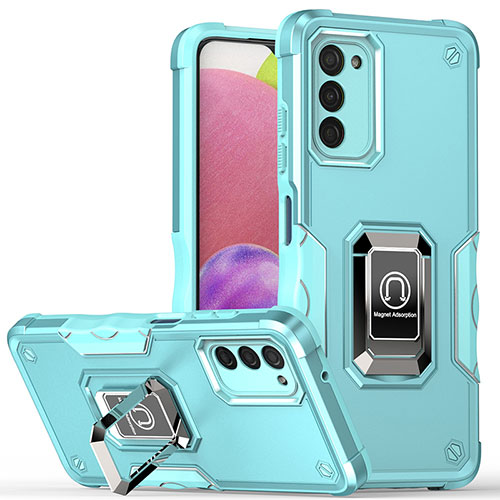 Silicone Matte Finish and Plastic Back Cover Case with Magnetic Finger Ring Stand QW1 for Samsung Galaxy A03s Mint Blue