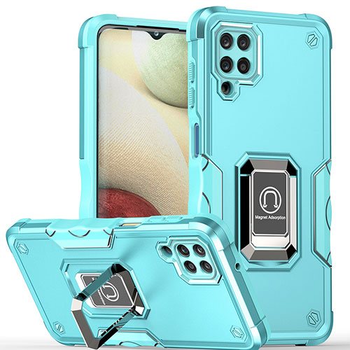 Silicone Matte Finish and Plastic Back Cover Case with Magnetic Finger Ring Stand QW1 for Samsung Galaxy A12 5G Mint Blue