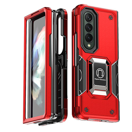 Silicone Matte Finish and Plastic Back Cover Case with Magnetic Finger Ring Stand QW1 for Samsung Galaxy Z Fold3 5G Red