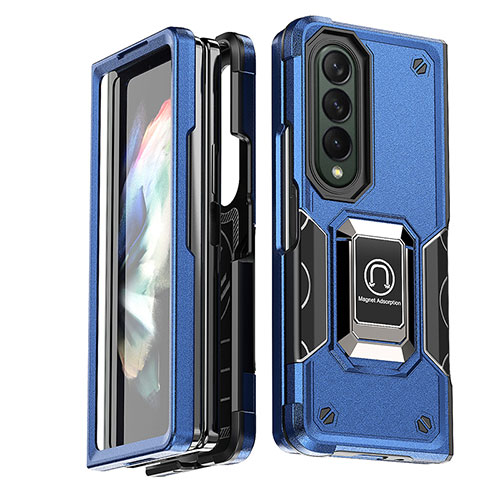 Silicone Matte Finish and Plastic Back Cover Case with Magnetic Finger Ring Stand QW1 for Samsung Galaxy Z Fold4 5G Blue