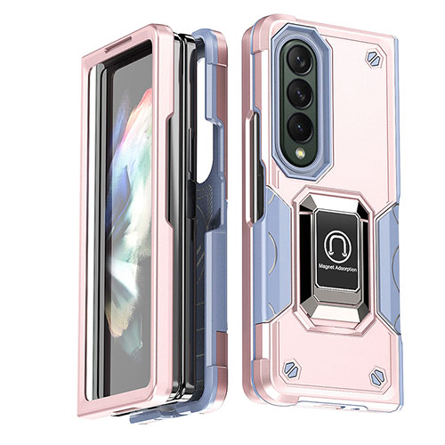 Silicone Matte Finish and Plastic Back Cover Case with Magnetic Finger Ring Stand QW1 for Samsung Galaxy Z Fold4 5G Pink