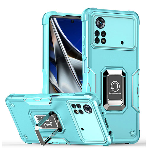 Silicone Matte Finish and Plastic Back Cover Case with Magnetic Finger Ring Stand QW1 for Xiaomi Poco M4 Pro 4G Mint Blue