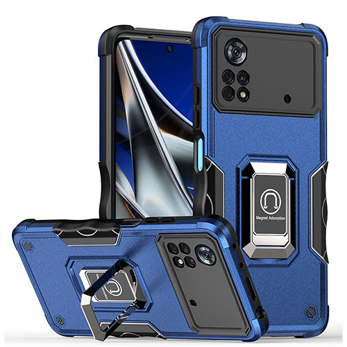 Silicone Matte Finish and Plastic Back Cover Case with Magnetic Finger Ring Stand QW1 for Xiaomi Poco X4 Pro 5G Blue