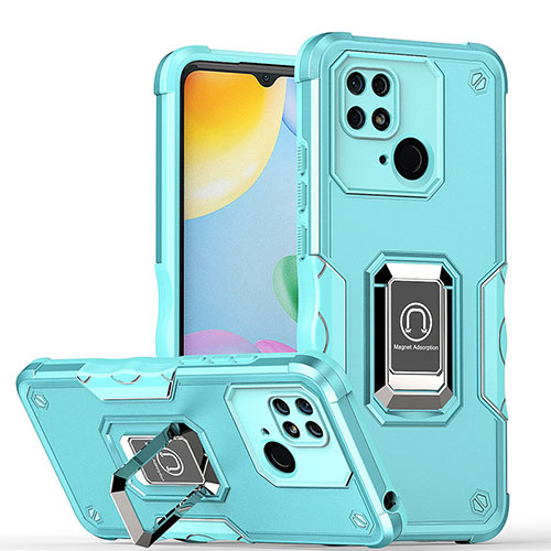 Silicone Matte Finish and Plastic Back Cover Case with Magnetic Finger Ring Stand QW1 for Xiaomi Redmi 10 India Mint Blue