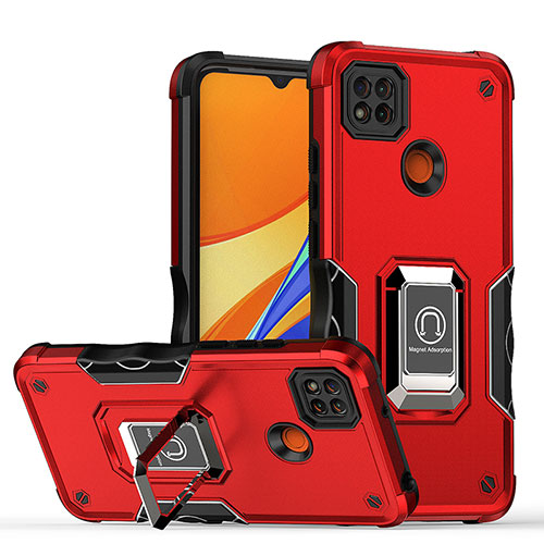 Silicone Matte Finish and Plastic Back Cover Case with Magnetic Finger Ring Stand QW1 for Xiaomi Redmi 9 Activ Red