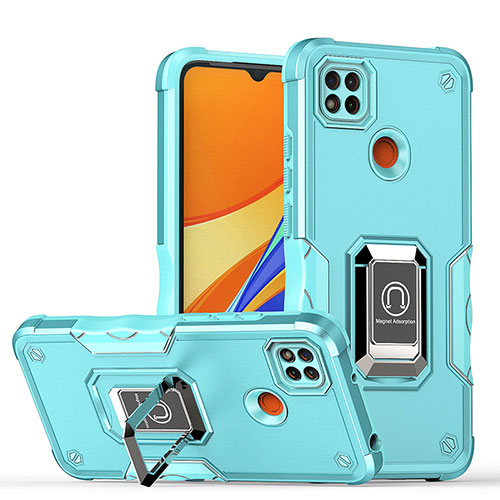 Silicone Matte Finish and Plastic Back Cover Case with Magnetic Finger Ring Stand QW1 for Xiaomi Redmi 9 Activ Sky Blue