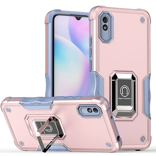 Silicone Matte Finish and Plastic Back Cover Case with Magnetic Finger Ring Stand QW1 for Xiaomi Redmi 9A Pink