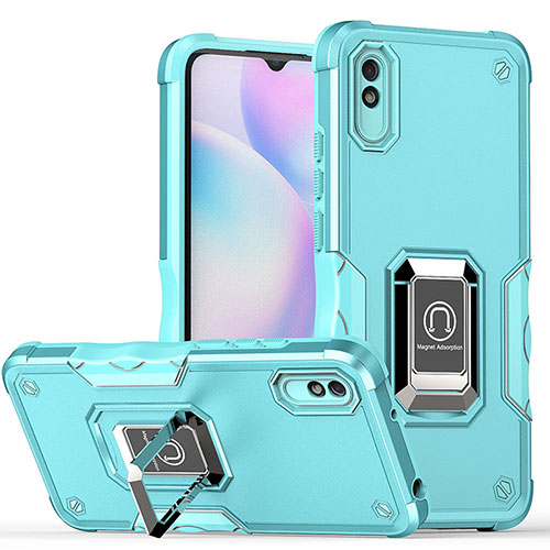 Silicone Matte Finish and Plastic Back Cover Case with Magnetic Finger Ring Stand QW1 for Xiaomi Redmi 9AT Sky Blue