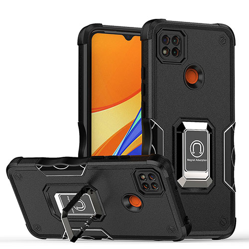 Silicone Matte Finish and Plastic Back Cover Case with Magnetic Finger Ring Stand QW1 for Xiaomi Redmi 9C Black