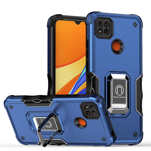 Silicone Matte Finish and Plastic Back Cover Case with Magnetic Finger Ring Stand QW1 for Xiaomi Redmi 9C Blue