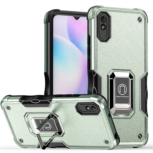 Silicone Matte Finish and Plastic Back Cover Case with Magnetic Finger Ring Stand QW1 for Xiaomi Redmi 9i Matcha Green