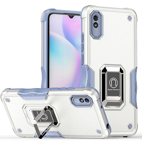 Silicone Matte Finish and Plastic Back Cover Case with Magnetic Finger Ring Stand QW1 for Xiaomi Redmi 9i White