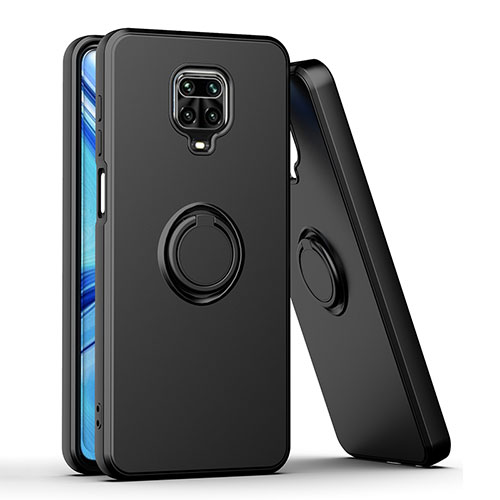 Silicone Matte Finish and Plastic Back Cover Case with Magnetic Finger Ring Stand QW1 for Xiaomi Redmi Note 9 Pro Max Black