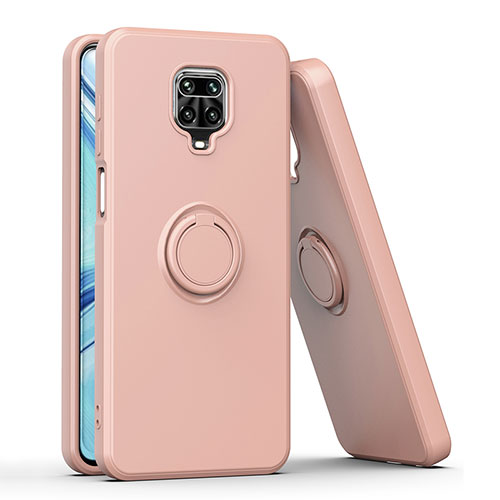 Silicone Matte Finish and Plastic Back Cover Case with Magnetic Finger Ring Stand QW1 for Xiaomi Redmi Note 9 Pro Max Rose Gold