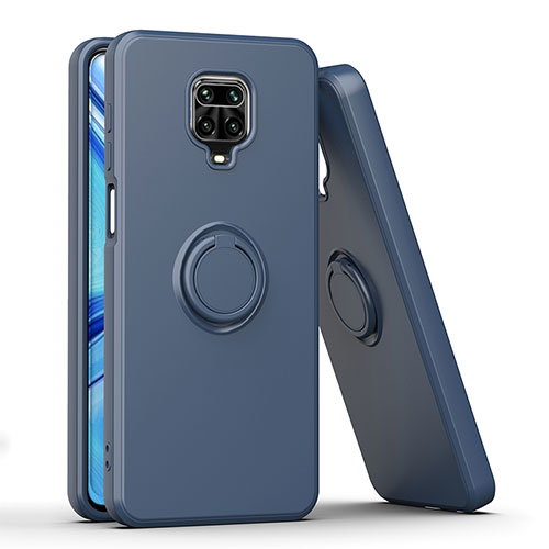 Silicone Matte Finish and Plastic Back Cover Case with Magnetic Finger Ring Stand QW1 for Xiaomi Redmi Note 9S Blue