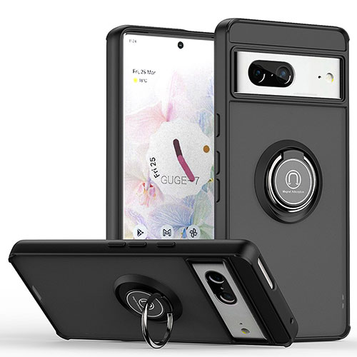 Silicone Matte Finish and Plastic Back Cover Case with Magnetic Finger Ring Stand QW2 for Google Pixel 7 5G Black