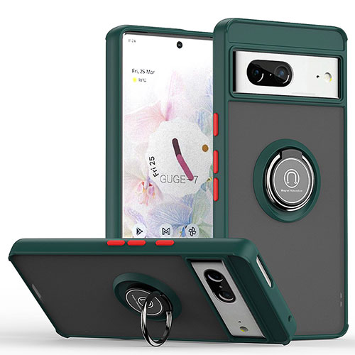 Silicone Matte Finish and Plastic Back Cover Case with Magnetic Finger Ring Stand QW2 for Google Pixel 7 5G Midnight Green