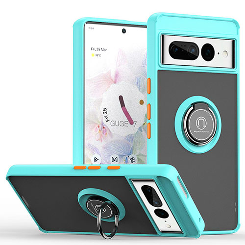 Silicone Matte Finish and Plastic Back Cover Case with Magnetic Finger Ring Stand QW2 for Google Pixel 7 Pro 5G Cyan