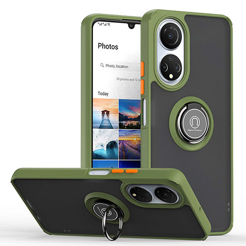 Silicone Matte Finish and Plastic Back Cover Case with Magnetic Finger Ring Stand QW2 for Huawei Honor X7 Army green