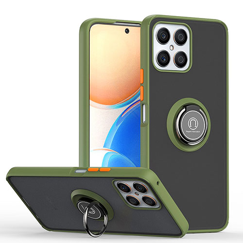 Silicone Matte Finish and Plastic Back Cover Case with Magnetic Finger Ring Stand QW2 for Huawei Honor X8 4G Army green