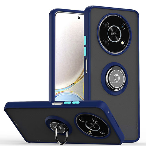 Silicone Matte Finish and Plastic Back Cover Case with Magnetic Finger Ring Stand QW2 for Huawei Honor X9 5G Blue