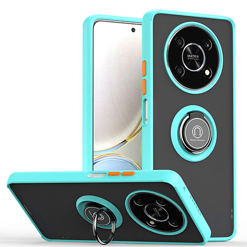 Silicone Matte Finish and Plastic Back Cover Case with Magnetic Finger Ring Stand QW2 for Huawei Honor X9 5G Cyan