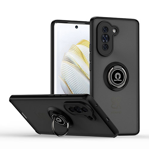 Silicone Matte Finish and Plastic Back Cover Case with Magnetic Finger Ring Stand QW2 for Huawei Nova 10 Black